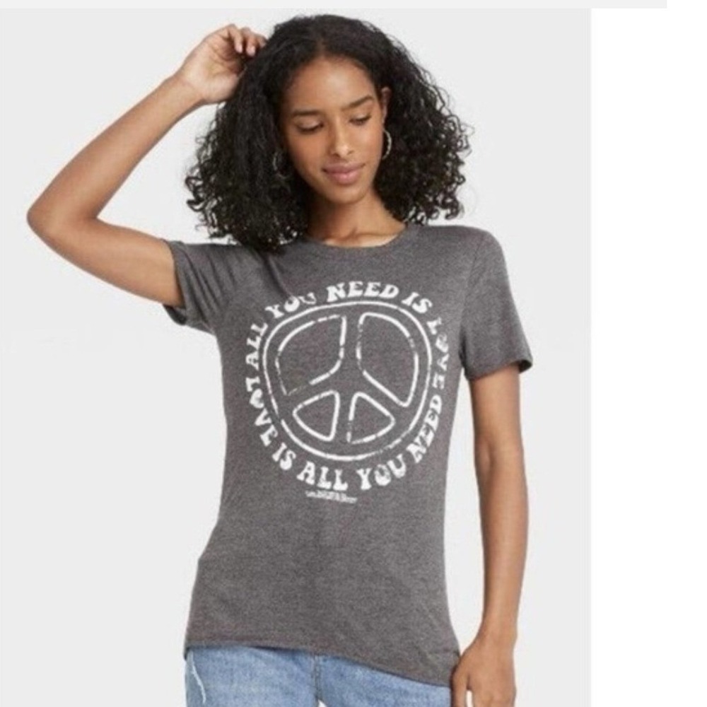 Lennon & McCartney All You Need Is Love Peace Sign Graphic Tee Gray Large
